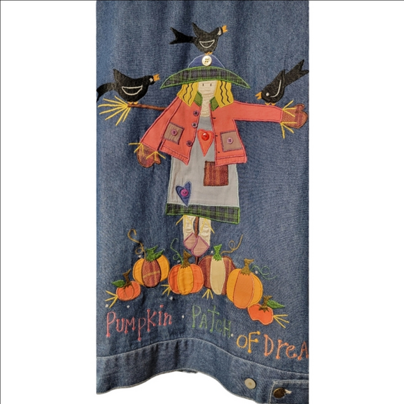 QUACKER FACTORY Vintage Denim Jacket Fall Pumpkins Scarecrow Size Medium EUC - Picture 4 of 8